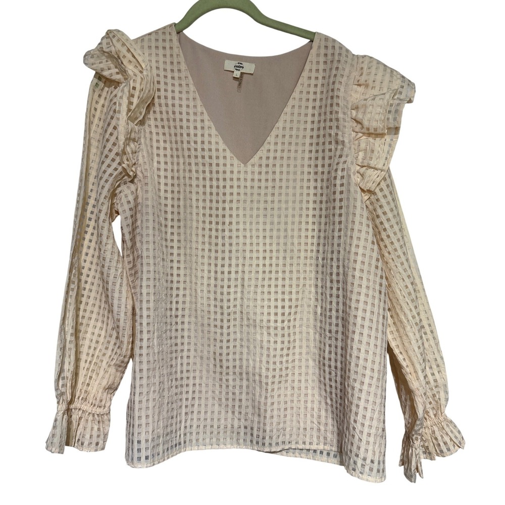 Entro Womens Large Beige‎ Grid Ruffle Shoulder V-Neck Blouse Smocked Cuff Lined